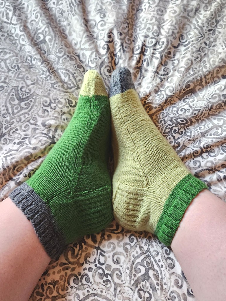 Handmade Basic Socks No. 1 pattern from The Sock Project book, Knit with Quince and Co yarn in colors parsley, leeks and kittywake.