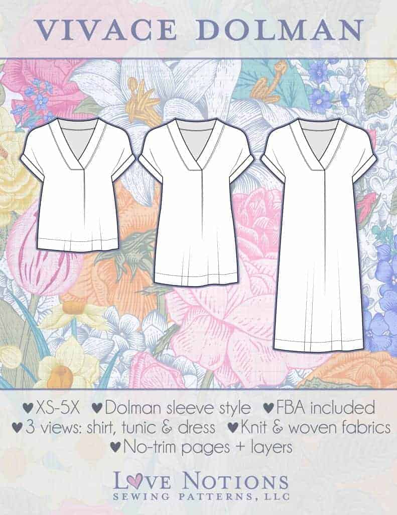 Line drawing pattern of Love Notions Vivace Dolman with shirt, tunic, and dress options. Can use woven or knit fabric.