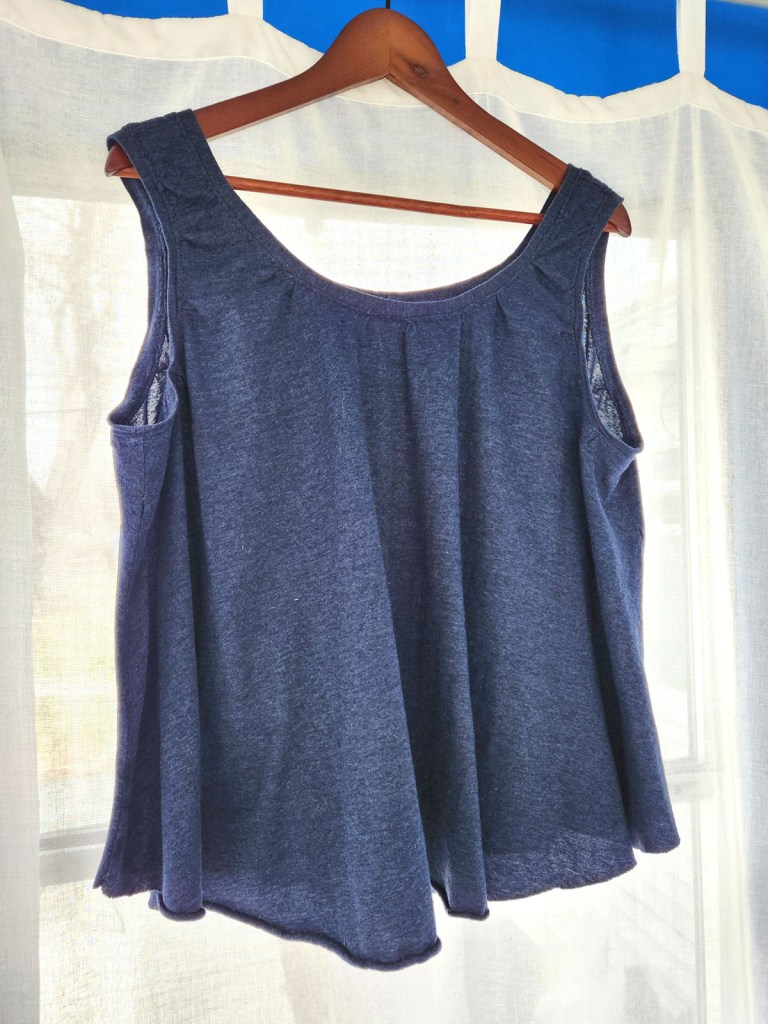 Helen's Closet Luna Tank made with navy blue upcycled jersey knit sheets. 