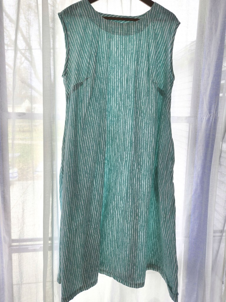 Cashmerette Montvale Dress in a pale turquois and white cotton material.