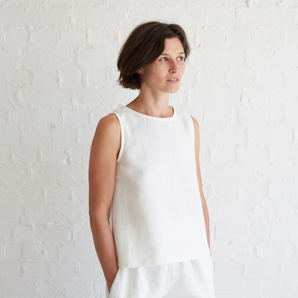 Phoebe Linen Tank free pattern in white linen from Fabrics Store.