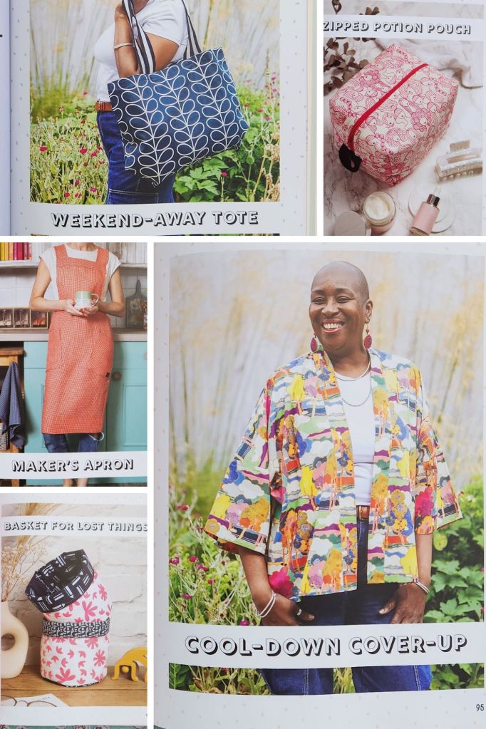 Samples of projects from the book Menopause Makes including weekend away tote, zippered potion pouch, maker's apron, cool-down cover-up, and basket for lost things. 