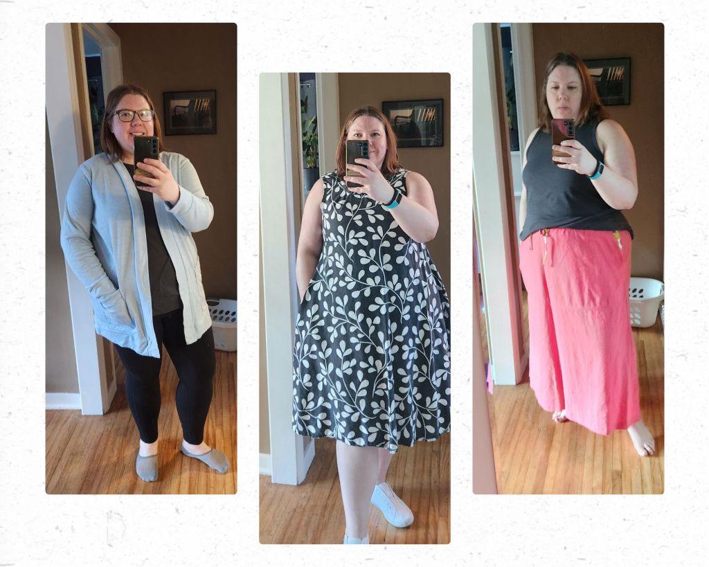A selection of Me Made May garments made from thrifted fabrics. 