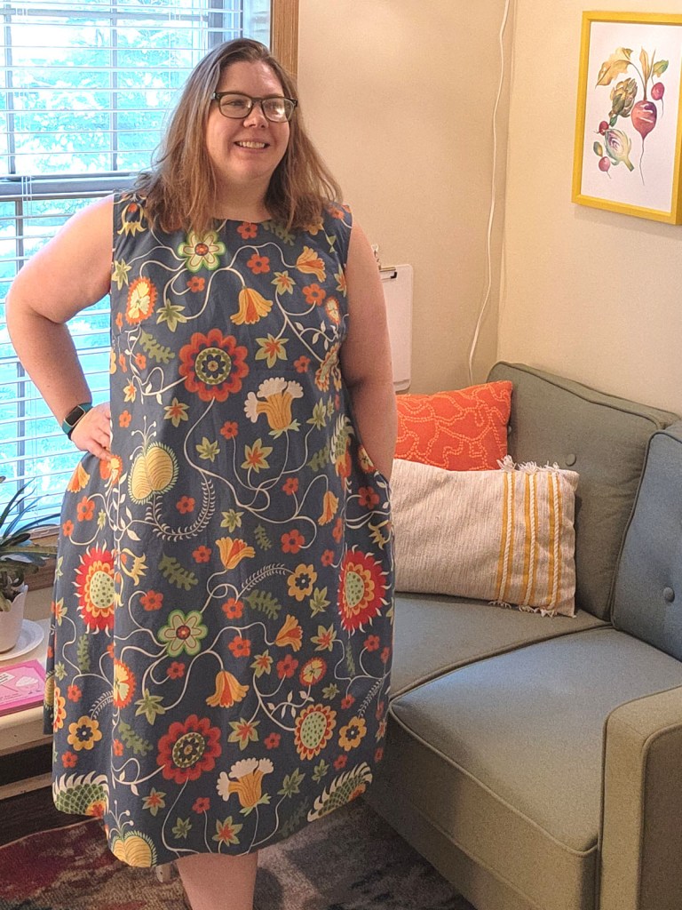 Cashmerette Montvale Dress in a thrifted blue floral duvet cover. 