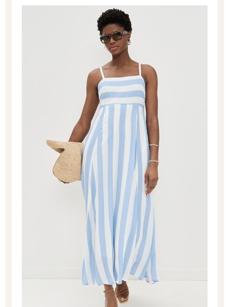 Striped fabric inspiration photo from Seamwork newsletter. Top the dress has horizontal stripes and skirt has vertical stripes.