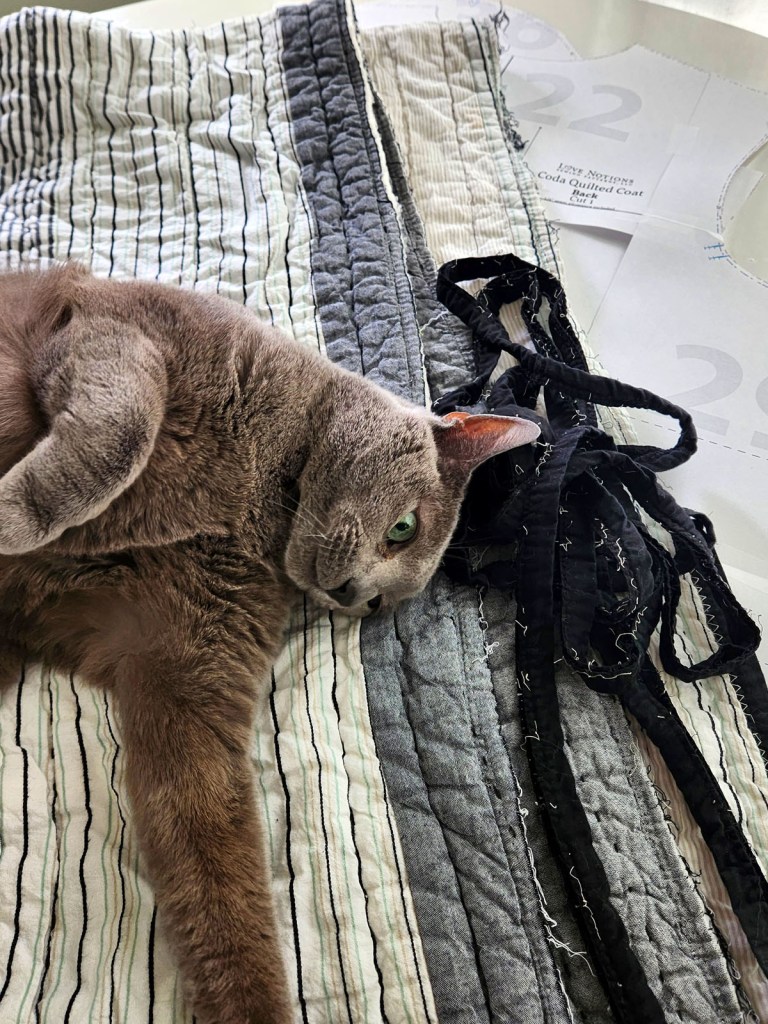 Coda Quilted Coat work-in-progress. Removing the binding from a thrifted quilt to use on the finished coat. A helpful Russian Blue cat showing ownership over the project. 